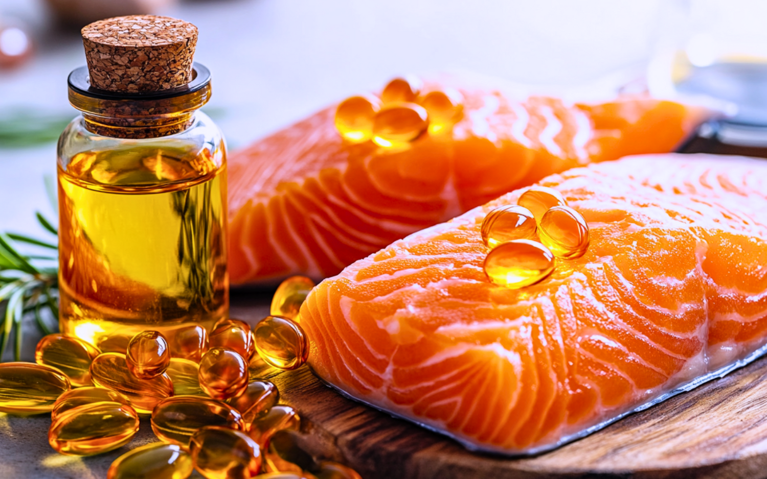 Salmon fillets with Omega-3 softgel capsules and a bottle of fish oil, representing high-quality Omega-3 sources from fish oil supplements.